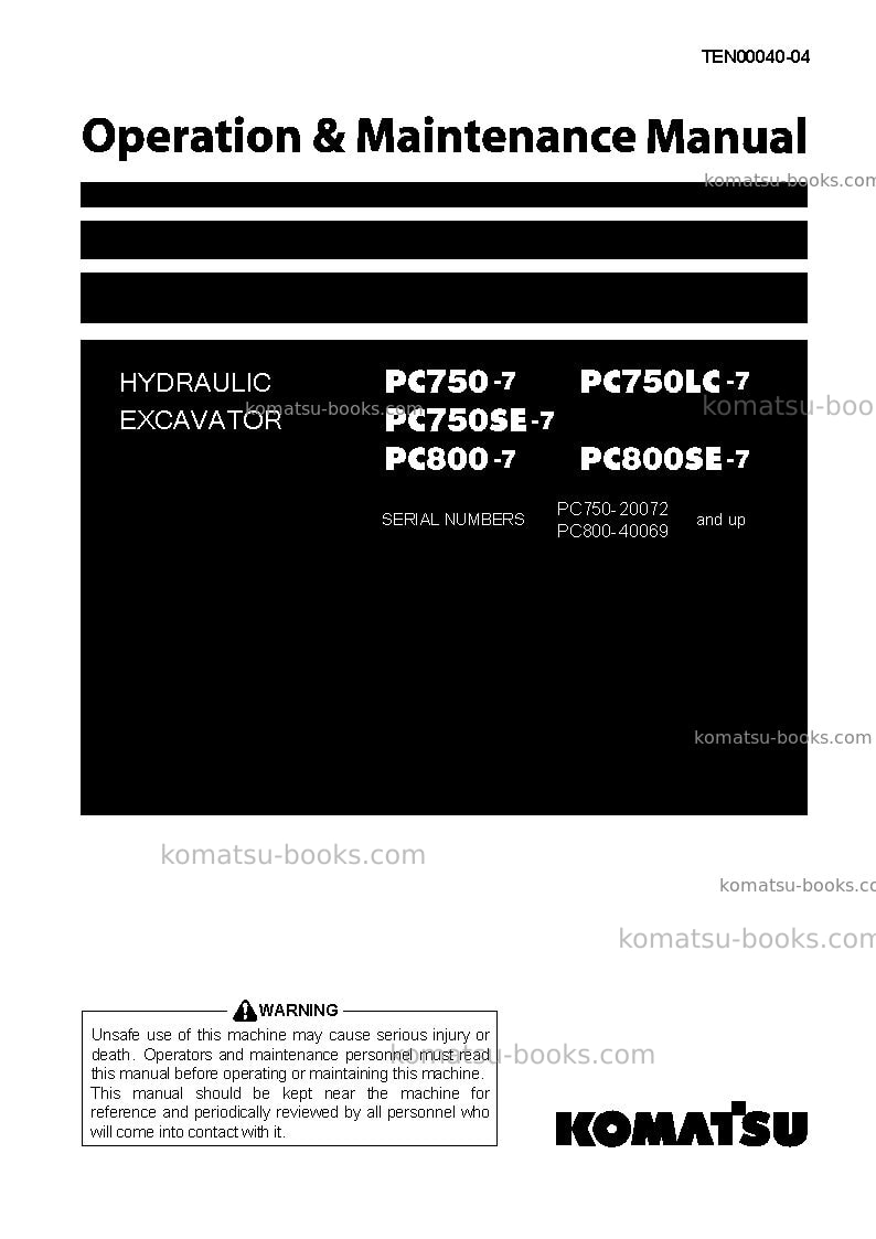 Komatsu pc750-7jpn Operation manual cover Komatsu pc750-7jpn Operation manual cover