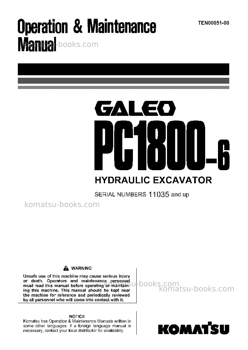 Komatsu pc1800-6jpn Operation manual cover
