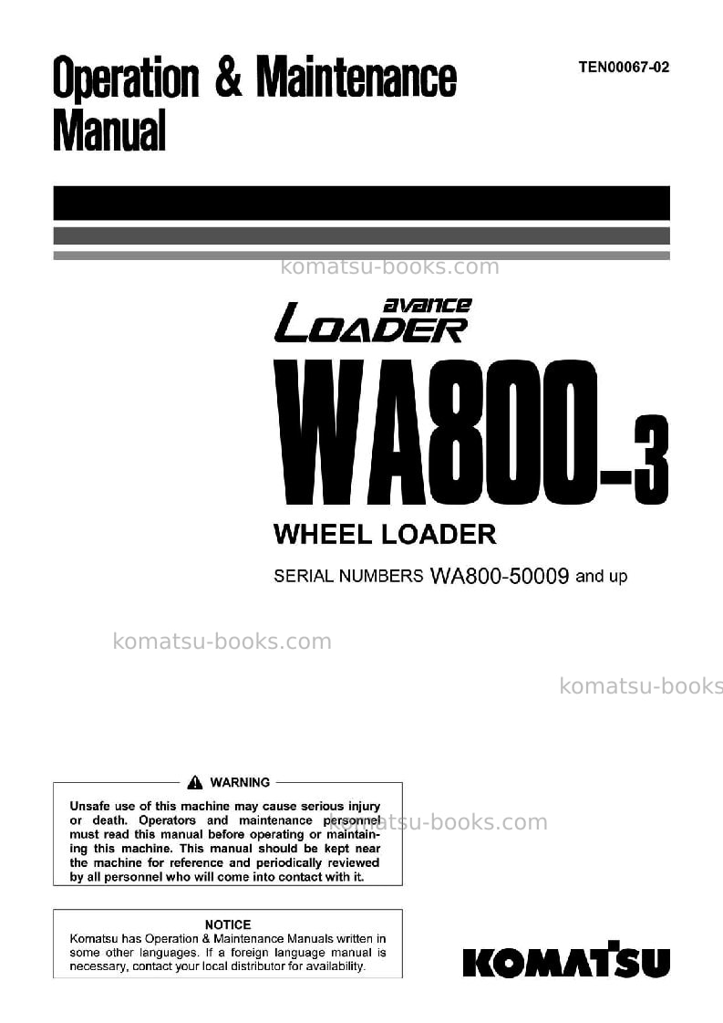 Komatsu wa800-3jpn Operation manual cover
