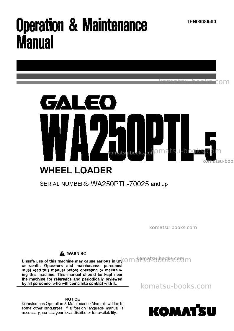 Komatsu wa250ptl-5jpn Operation manual cover Komatsu wa250ptl-5jpn Operation manual cover