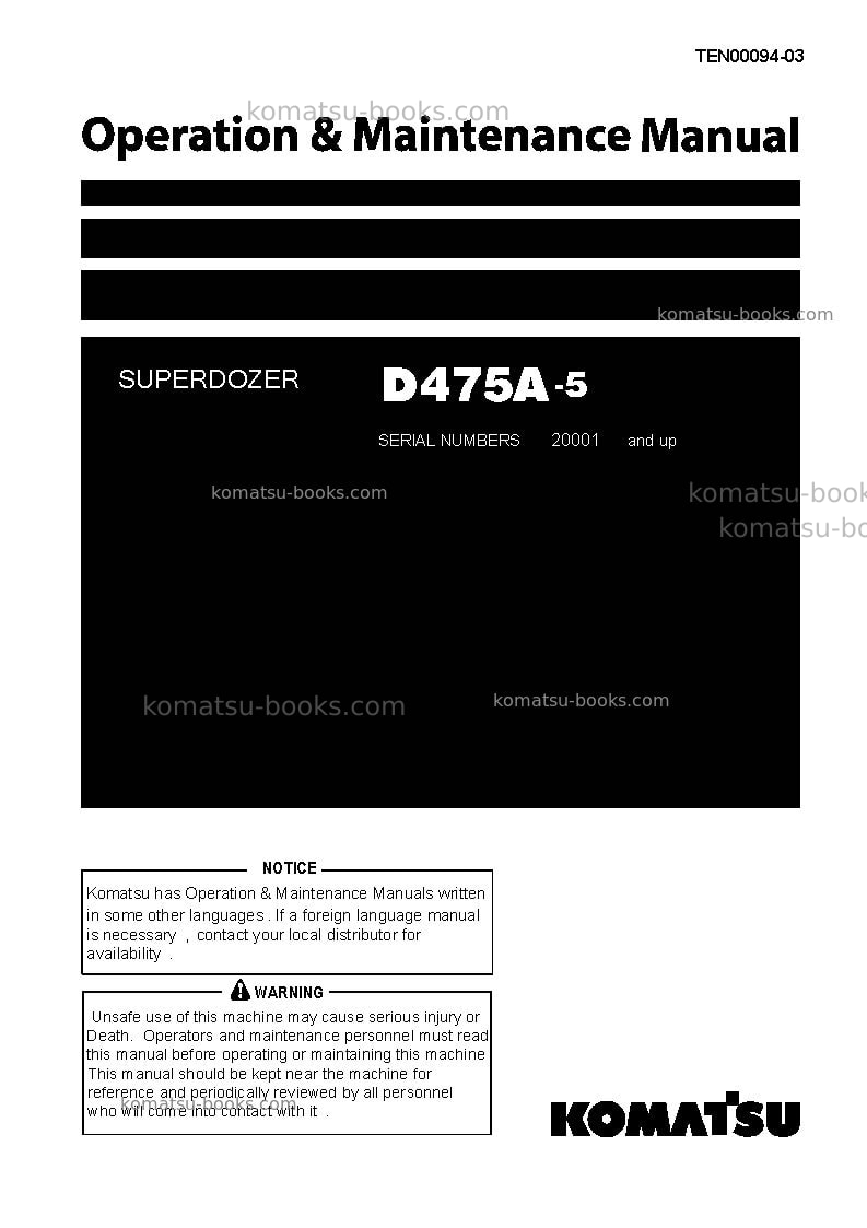 Komatsu d475a-5jpn-super dozer Operation manual cover