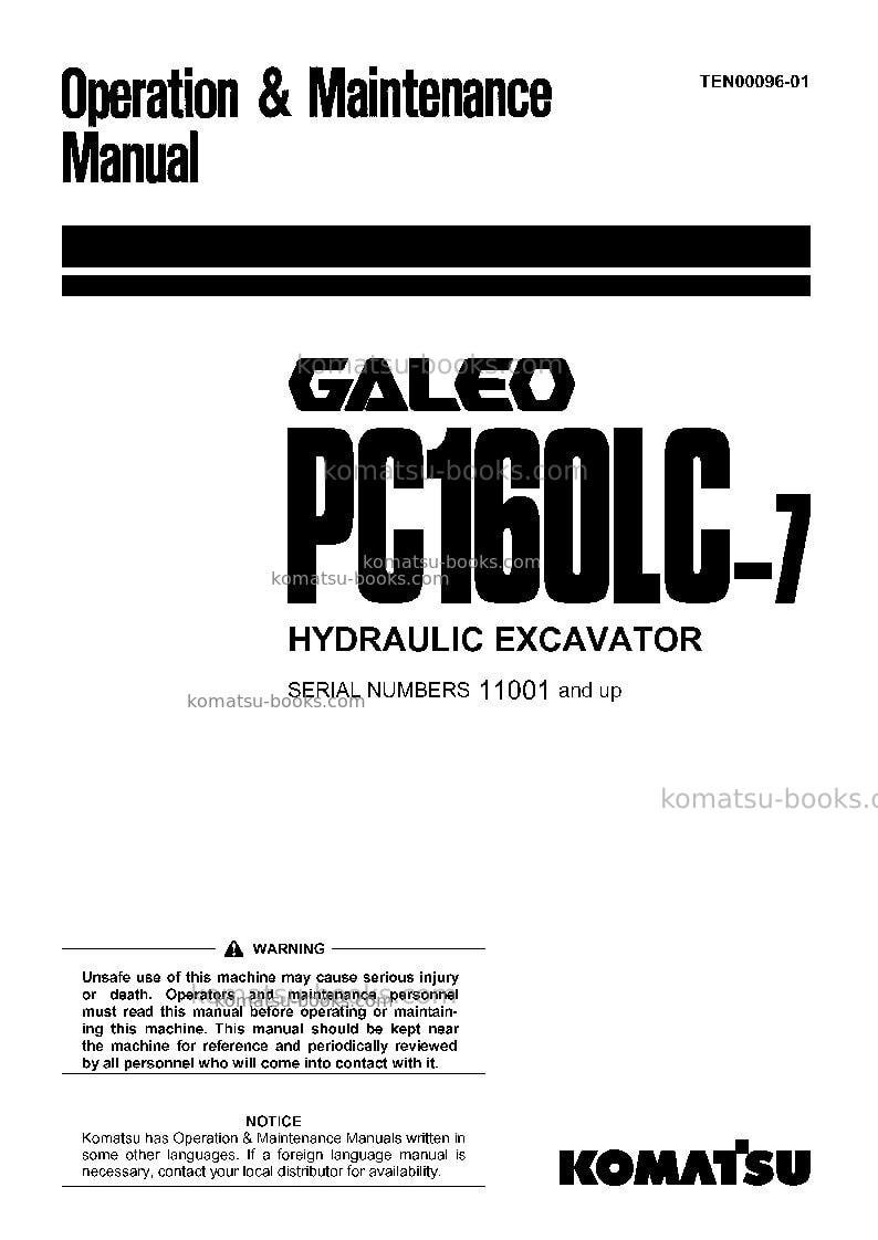 Komatsu pc160lc-7jpn Operation manual cover Komatsu pc160lc-7jpn Operation manual cover