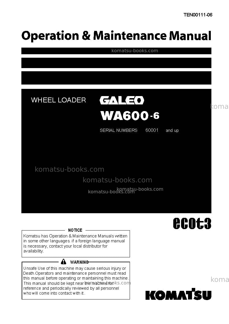 Komatsu wa600-6jpn Operation manual cover Komatsu wa600-6jpn Operation manual cover