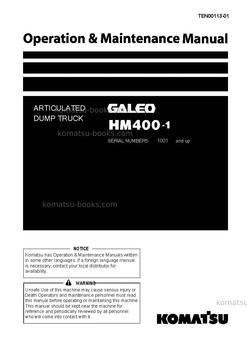 Komatsu hm400-1jpn Operation manual cover Komatsu hm400-1jpn Operation manual cover