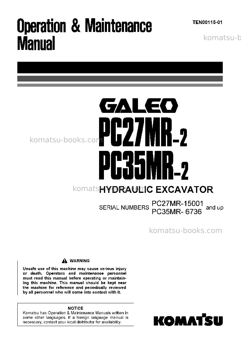 Komatsu pc27mr-2jpn-for cab Operation manual cover Komatsu pc27mr-2jpn-for cab Operation manual cover