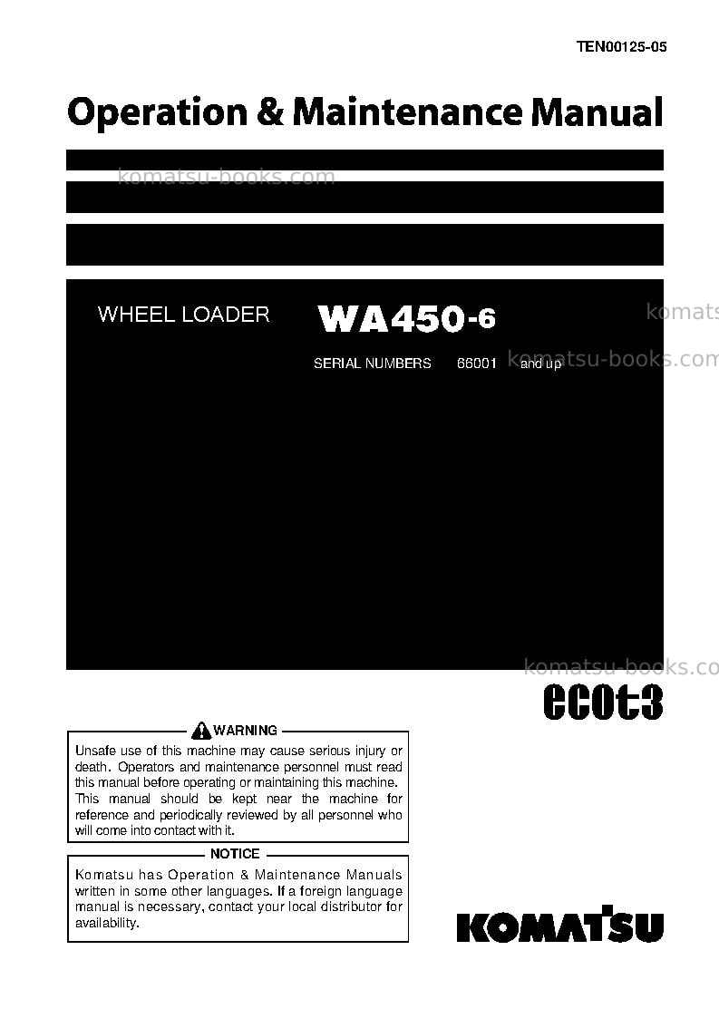 Komatsu wa450-6jpn-for n. america Operation manual cover Komatsu wa450-6jpn-for n. america Operation manual cover