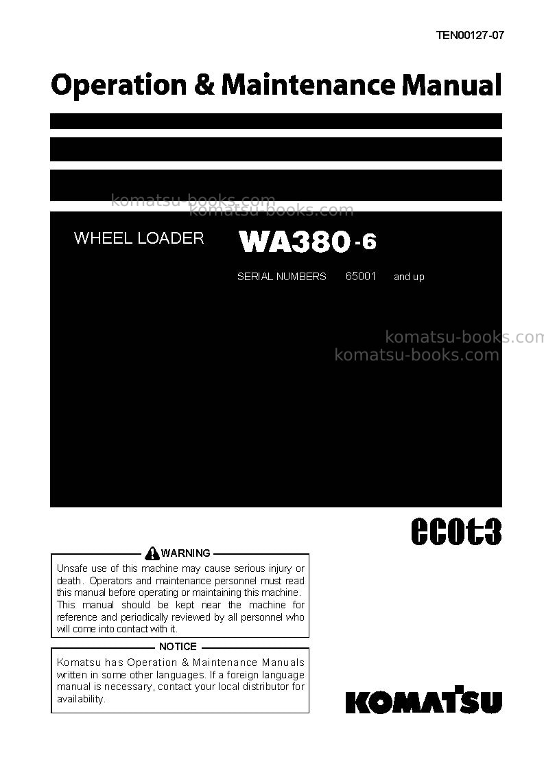 Komatsu wa380-6jpn-for n. america Operation manual cover