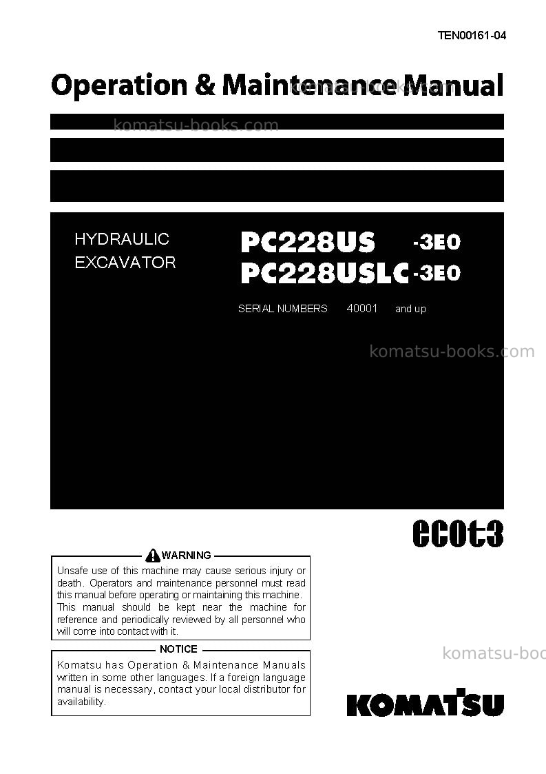 Komatsu pc228us-3jpn-e0 Operation manual cover Komatsu pc228us-3jpn-e0 Operation manual cover