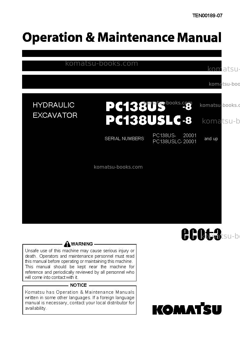 Komatsu pc138us-8jpn Operation manual cover Komatsu pc138us-8jpn Operation manual cover