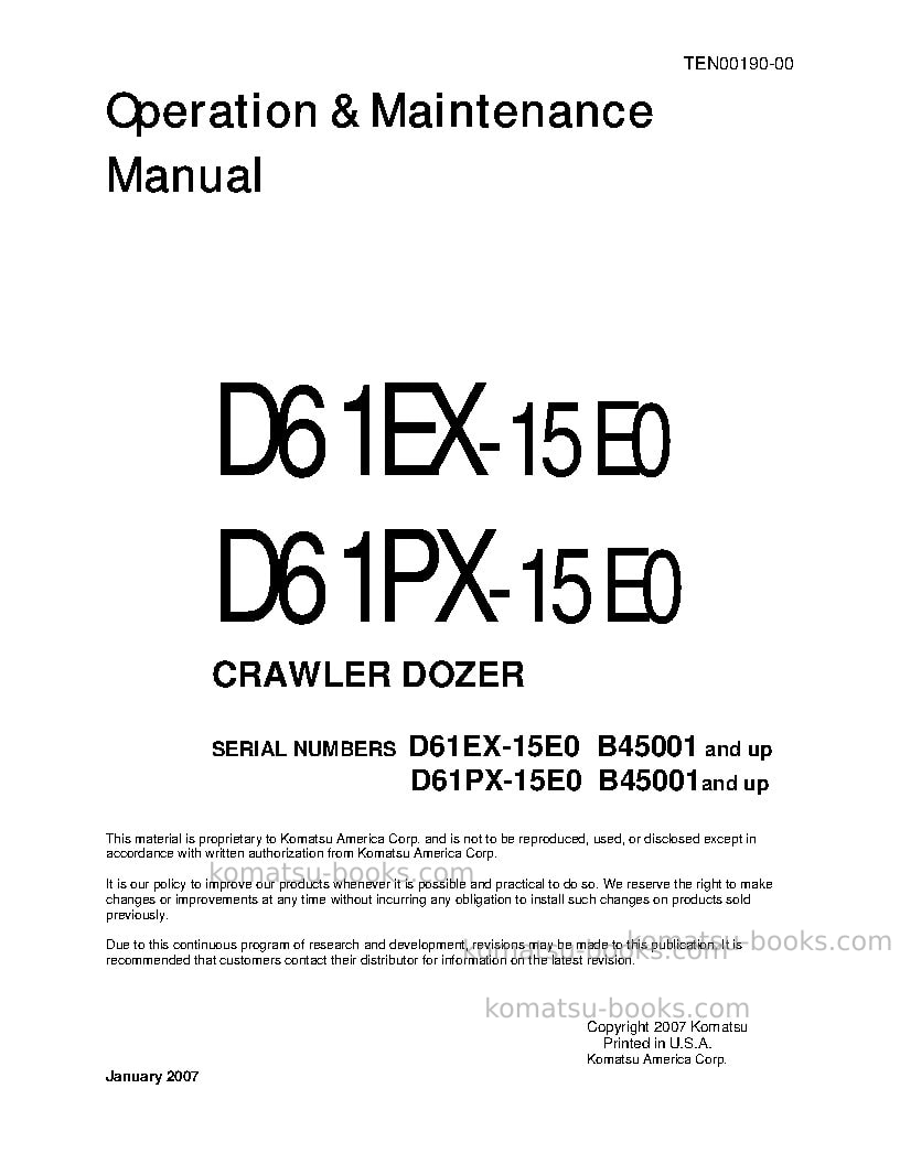 Komatsu d61ex-15bra-e0 Operation manual cover Komatsu d61ex-15bra-e0 Operation manual cover