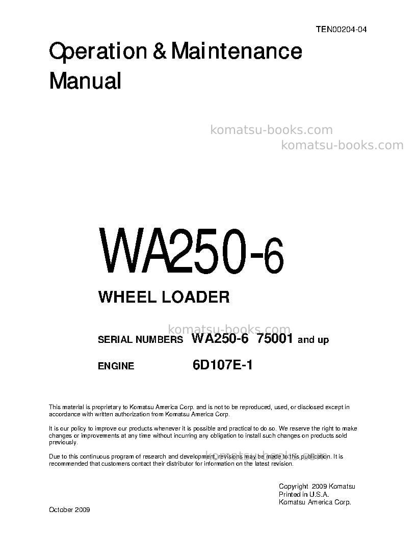 Komatsu wa250-6jpn-for n. america Operation manual cover
