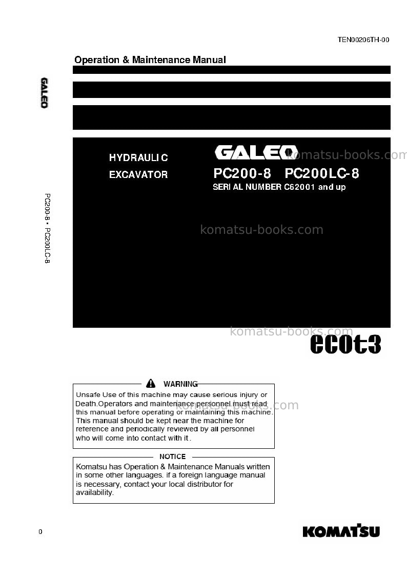 Komatsu pc200lc-8tha-m0, greasing 100h, for kal Operation manual cover Komatsu pc200lc-8tha-m0, greasing 100h, for kal Operation manual cover