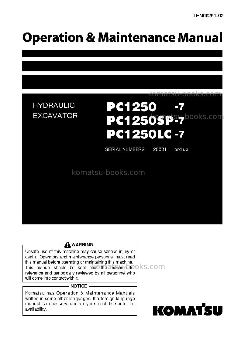 Komatsu pc1250lc-7jpn Operation manual cover Komatsu pc1250lc-7jpn Operation manual cover