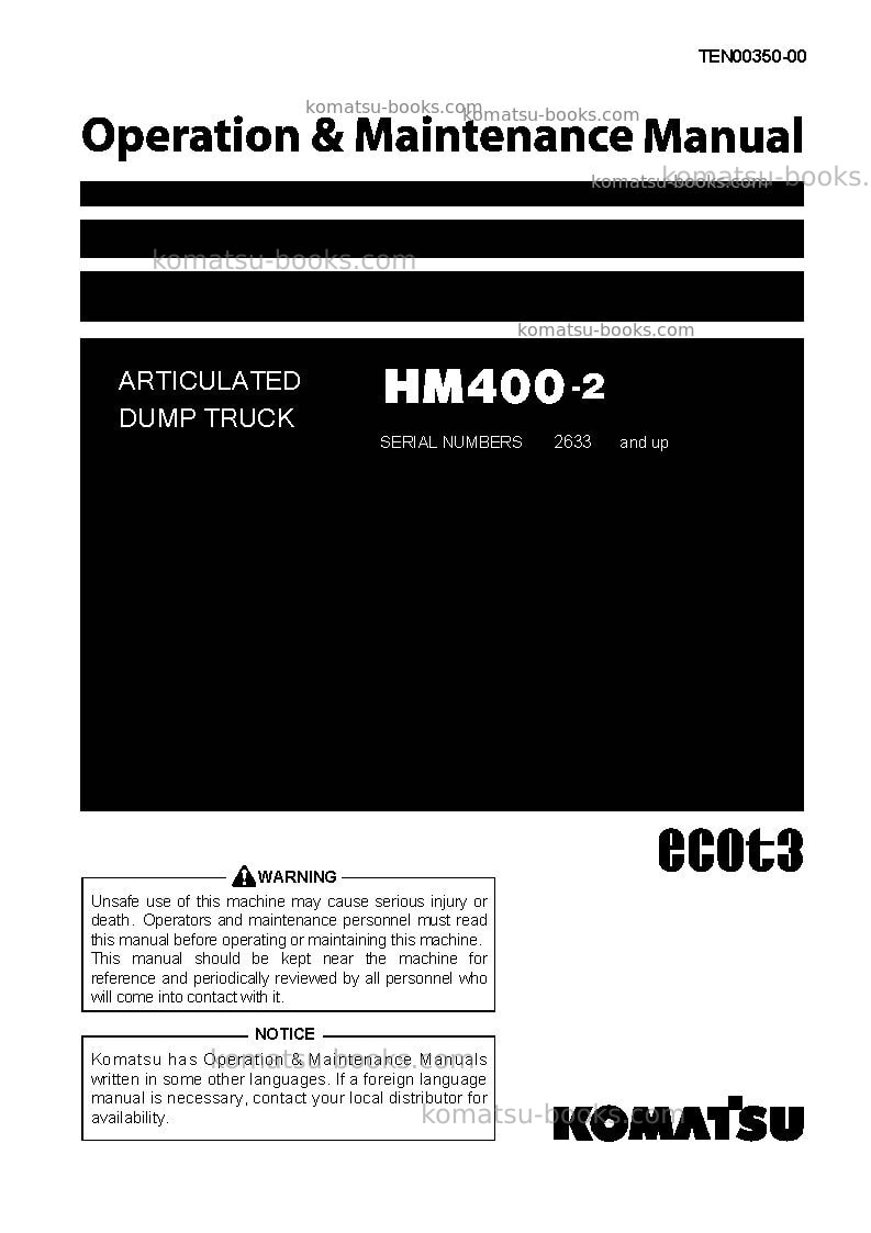 Komatsu hm400-2jpn Operation manual cover Komatsu hm400-2jpn Operation manual cover