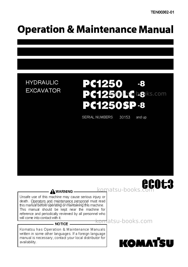 Komatsu pc1250lc-8jpn Operation manual cover Komatsu pc1250lc-8jpn Operation manual cover