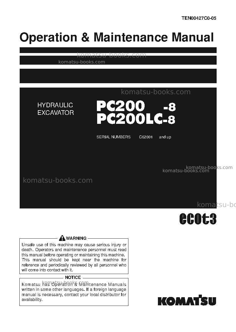 Komatsu pc200-8tha-m0, greasing 100h, for kal Operation manual cover