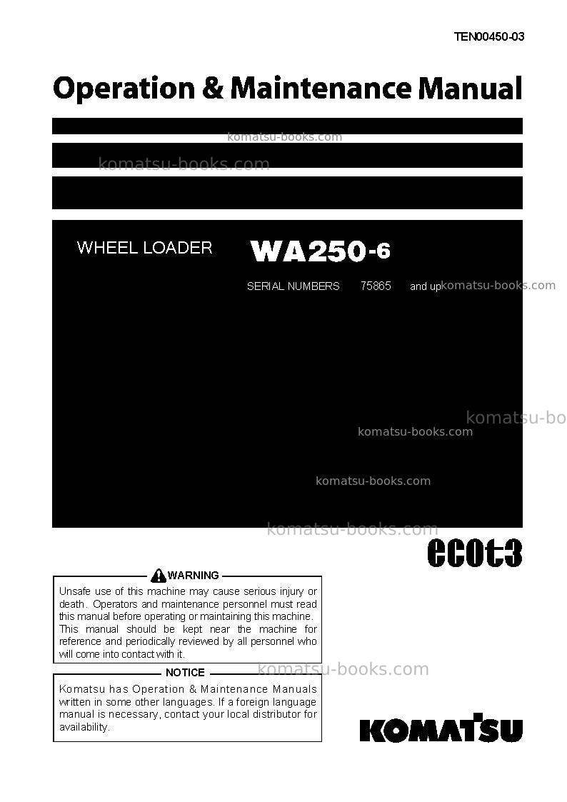 Komatsu wa250-6jpn-for n. america Operation manual cover Komatsu wa250-6jpn-for n. america Operation manual cover