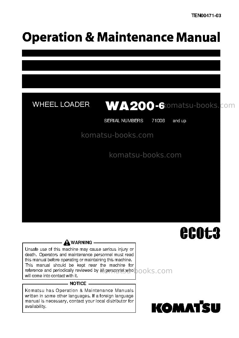 Komatsu wa200-6jpn-for n. america Operation manual cover Komatsu wa200-6jpn-for n. america Operation manual cover