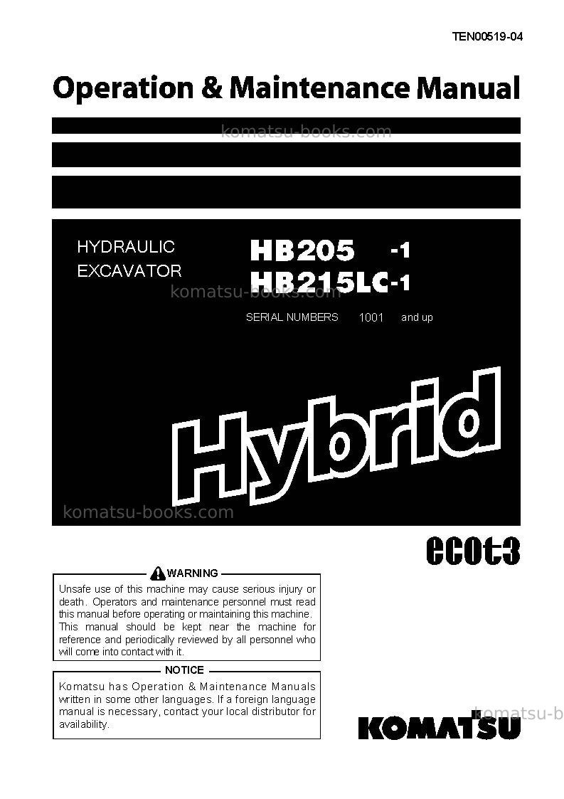 Komatsu hb215lc-1jpn-hybrid greasing interval 500 hour Operation manual cover Komatsu hb215lc-1jpn-hybrid greasing interval 500 hour Operation manual cover