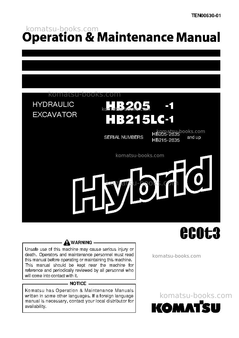 Komatsu hb215lc-1jpn-hybrid greasing interval 500 hour Operation manual cover Komatsu hb215lc-1jpn-hybrid greasing interval 500 hour Operation manual cover