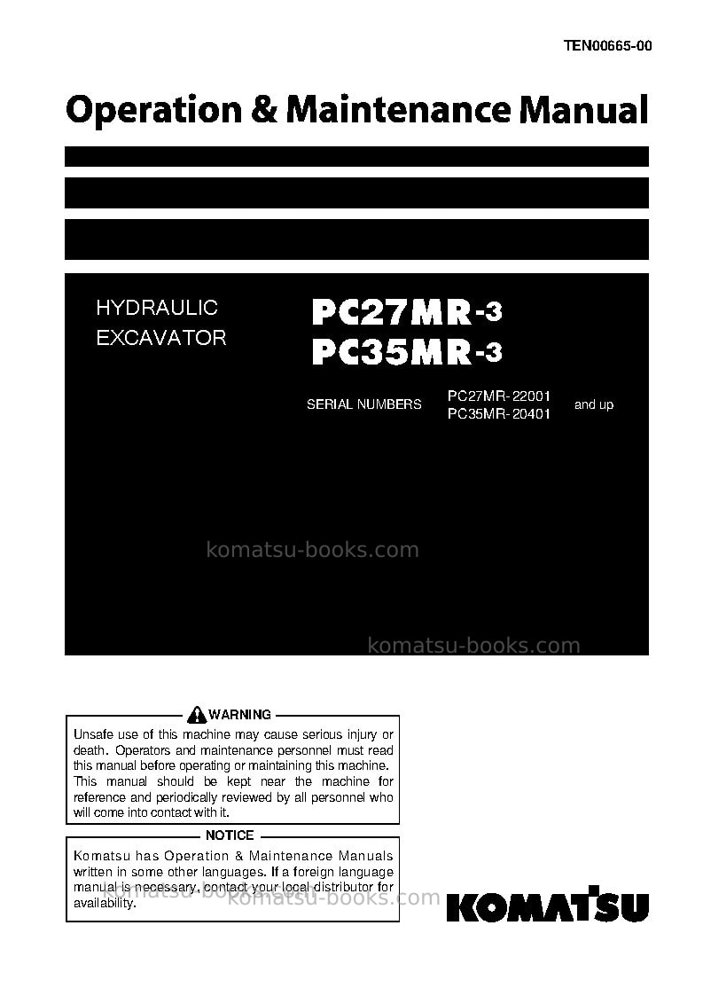 Komatsu pc27mr-3jpn-for n.america, cab spec. Operation manual cover Komatsu pc27mr-3jpn-for n.america, cab spec. Operation manual cover