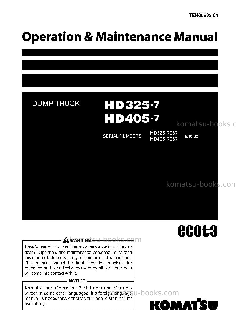 Komatsu hd325-7jpn Operation manual cover Komatsu hd325-7jpn Operation manual cover