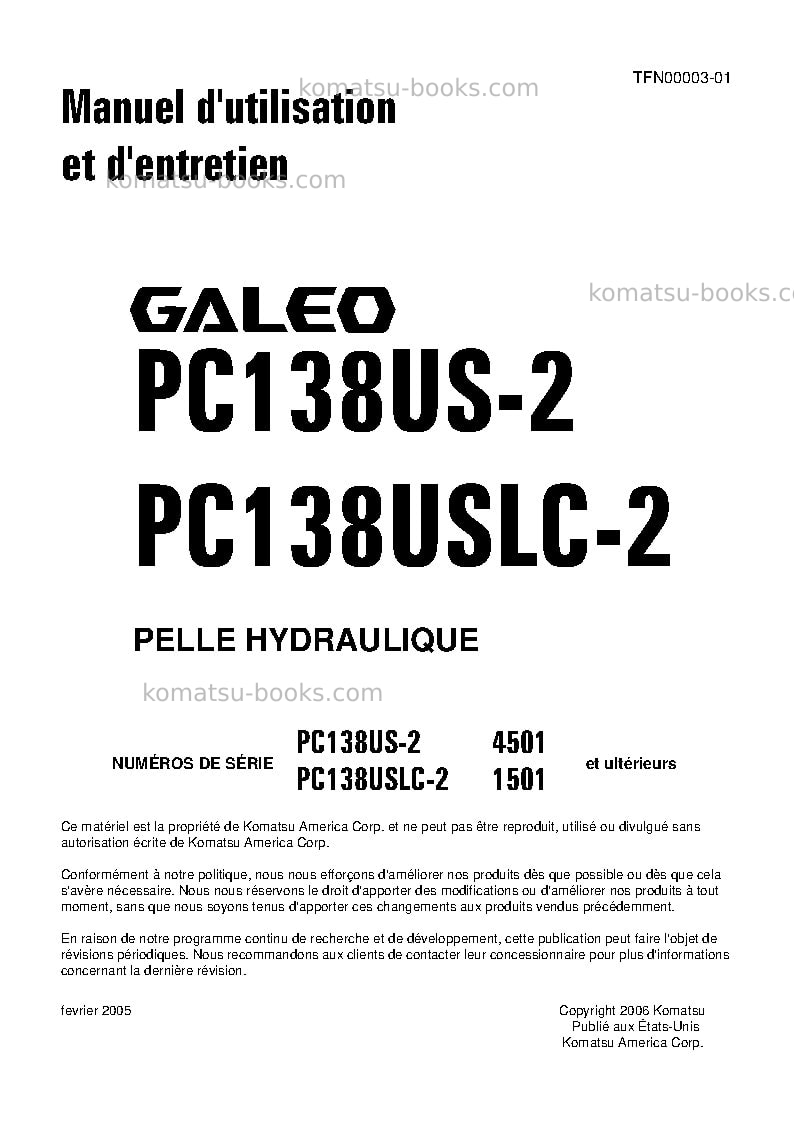 Komatsu pc138us-2jpn Manuel d'utilisation couverture Komatsu pc138us-2jpn Manuel d'utilisation couverture