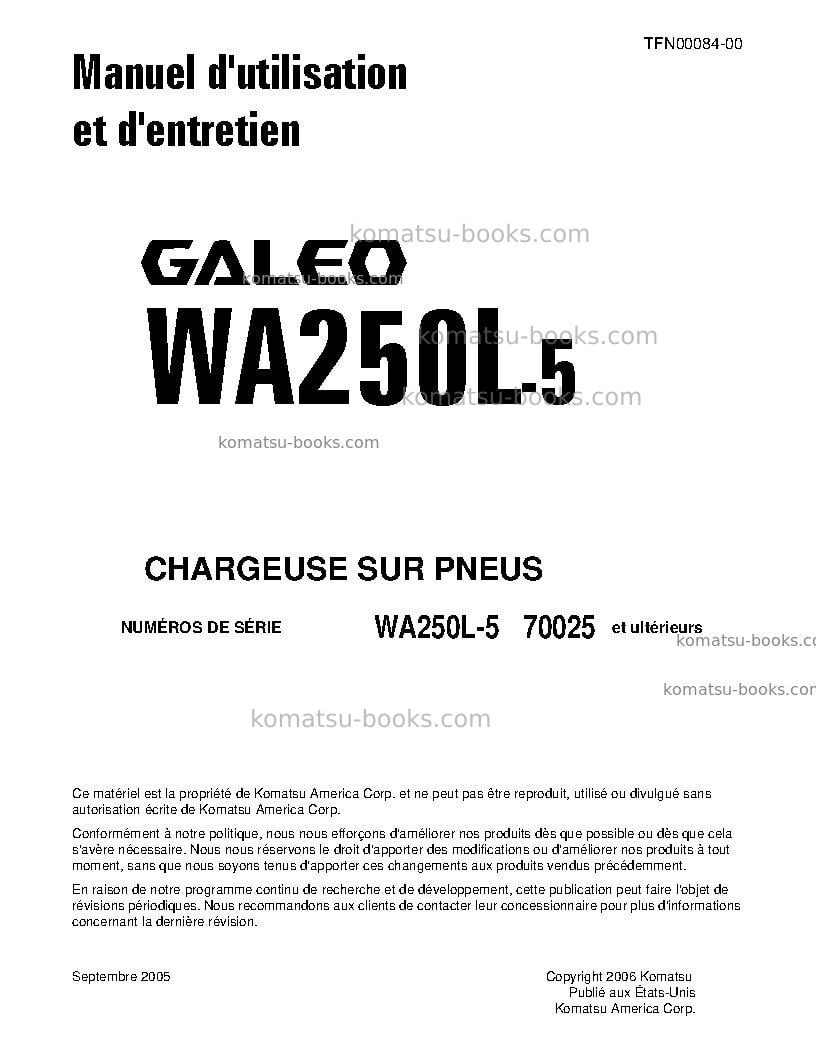 Komatsu wa250l-5jpn Manuel d'utilisation couverture Komatsu wa250l-5jpn Manuel d'utilisation couverture