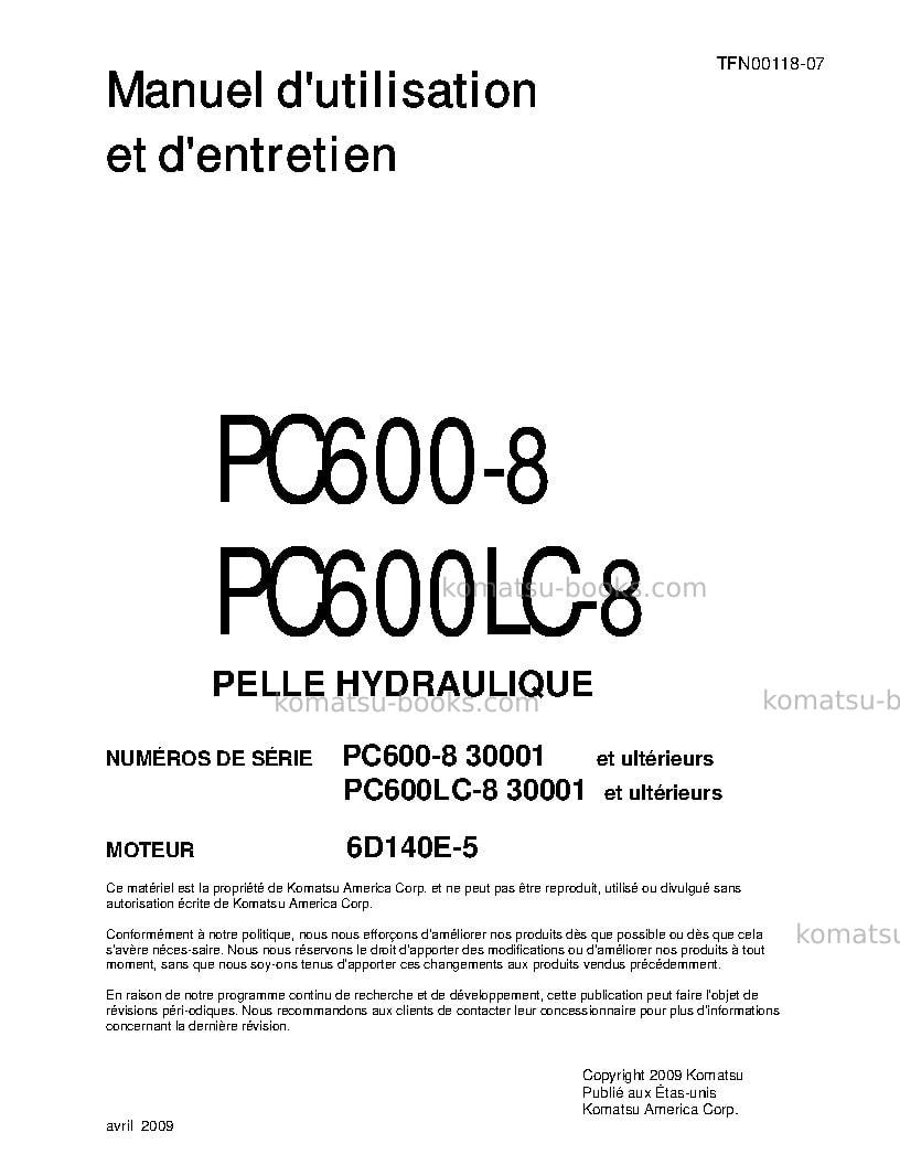 Komatsu pc600-8jpn Manuel d'utilisation couverture Komatsu pc600-8jpn Manuel d'utilisation couverture