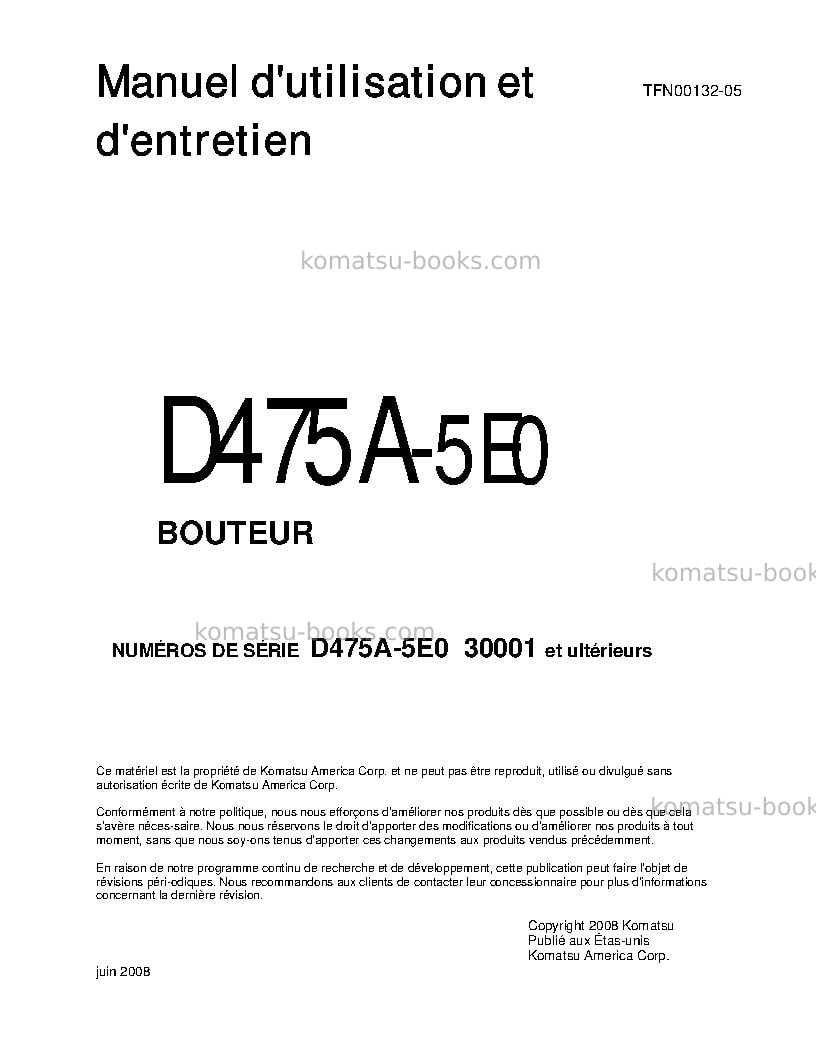 Komatsu d475a-5jpn-e0 Manuel d'utilisation couverture