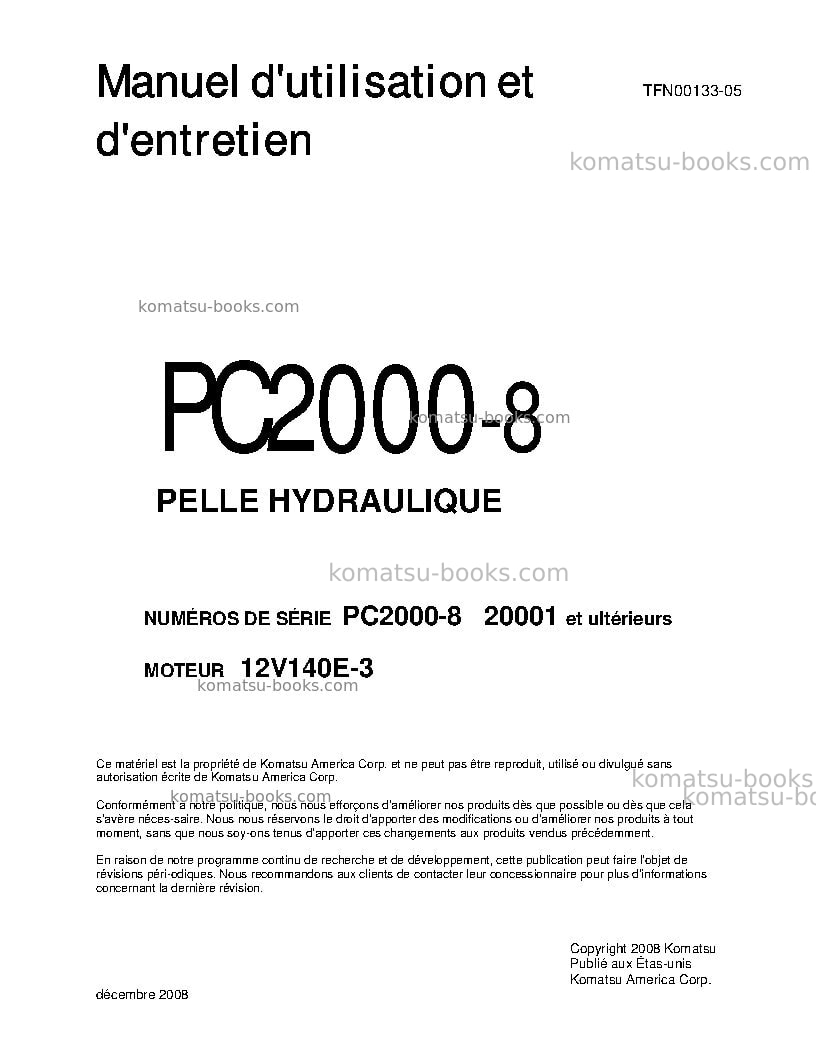 Komatsu pc2000-8jpn Manuel d'utilisation couverture Komatsu pc2000-8jpn Manuel d'utilisation couverture