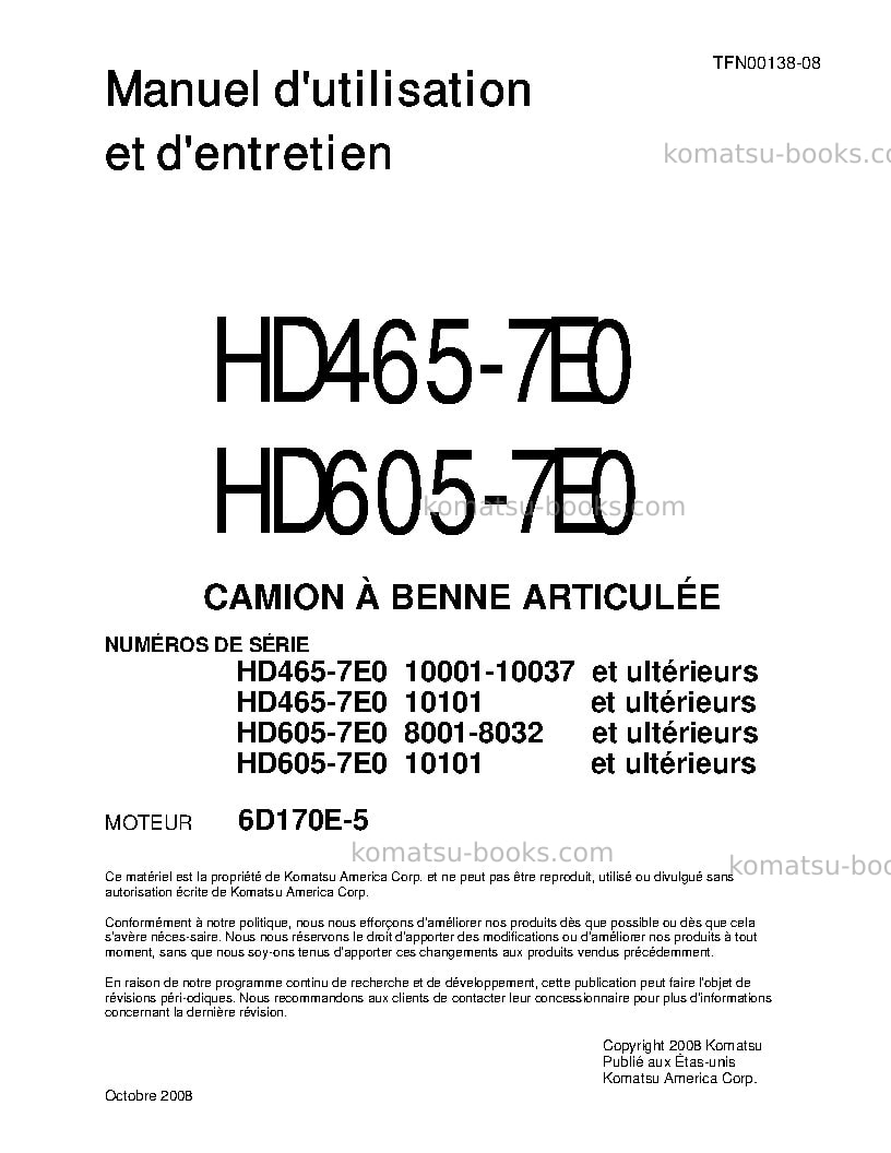Komatsu hd465-7jpn-e0 Manuel d'utilisation couverture Komatsu hd465-7jpn-e0 Manuel d'utilisation couverture