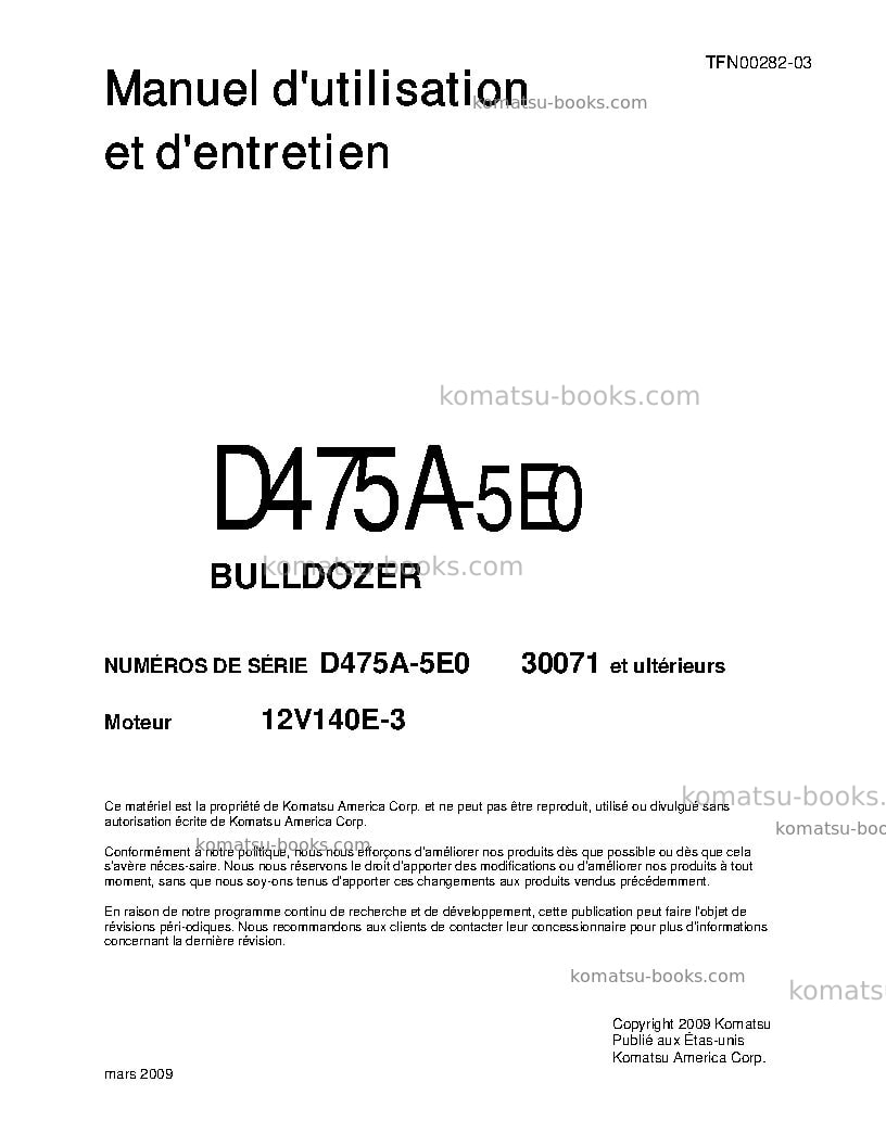 Komatsu d475a-5jpn-e0 Manuel d'utilisation couverture Komatsu d475a-5jpn-e0 Manuel d'utilisation couverture