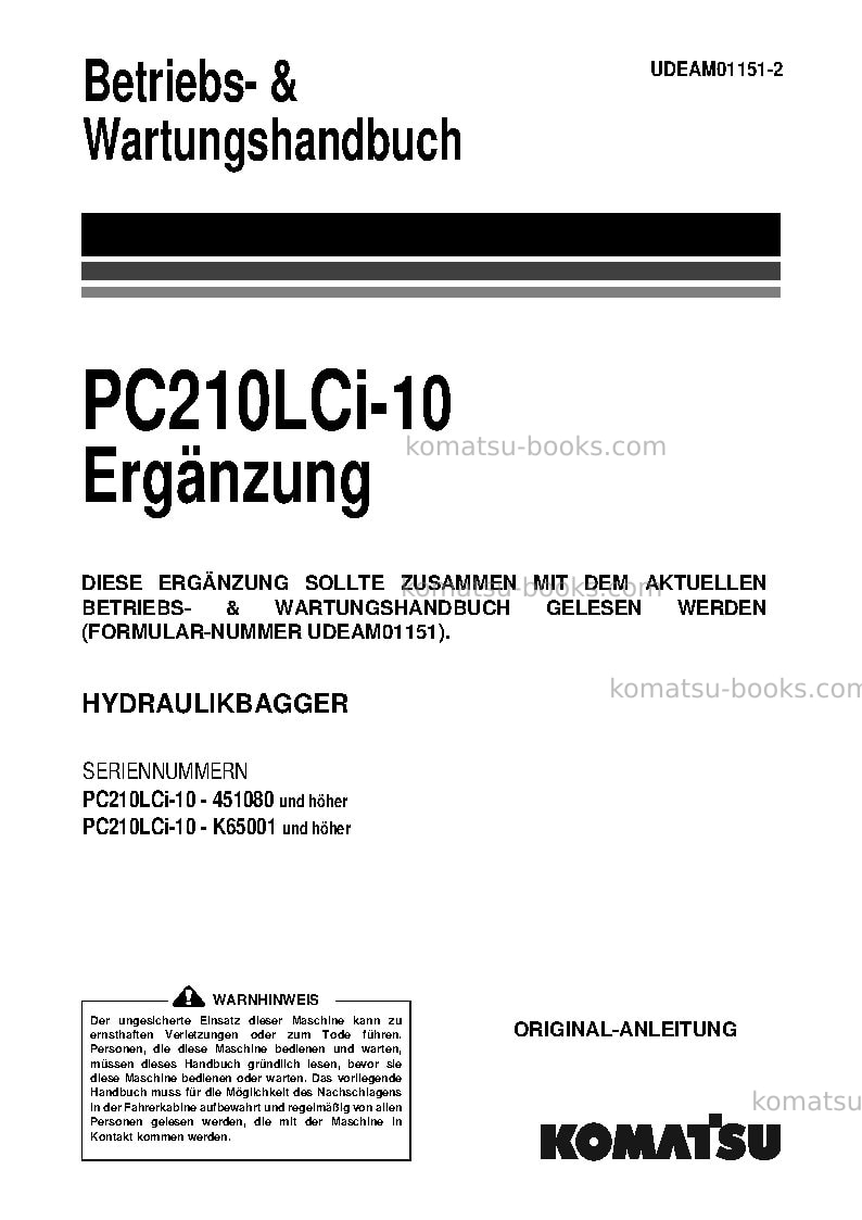 Komatsu pc210lci-10gbr Operation manual cover