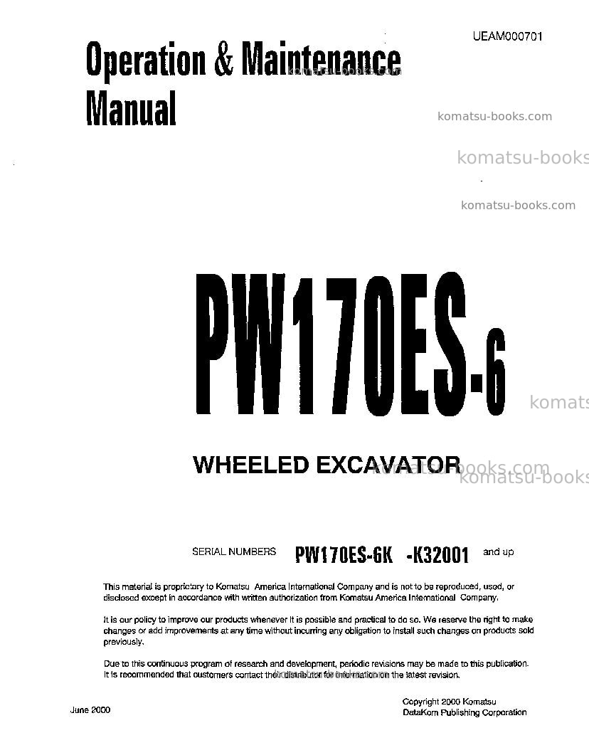 Komatsu pw170es-6gbr-k Operation manual cover
