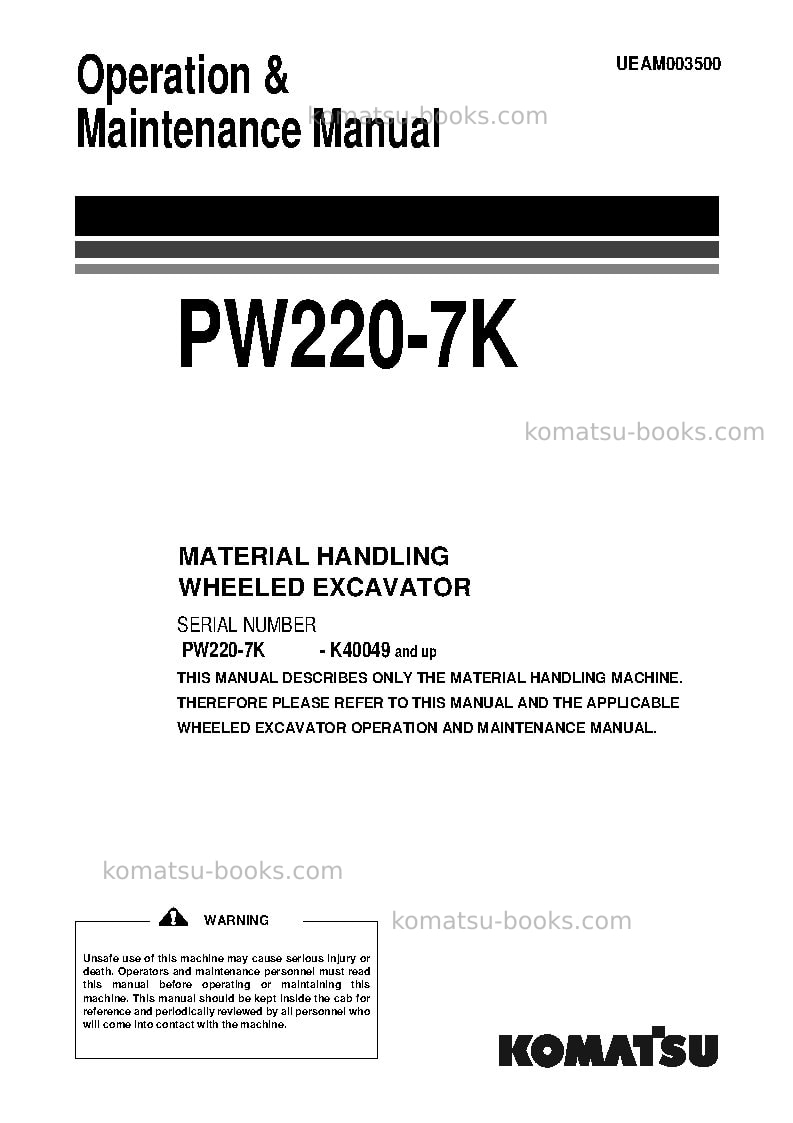 Komatsu pw220-7gbr-material handler Operation manual cover Komatsu pw220-7gbr-material handler Operation manual cover