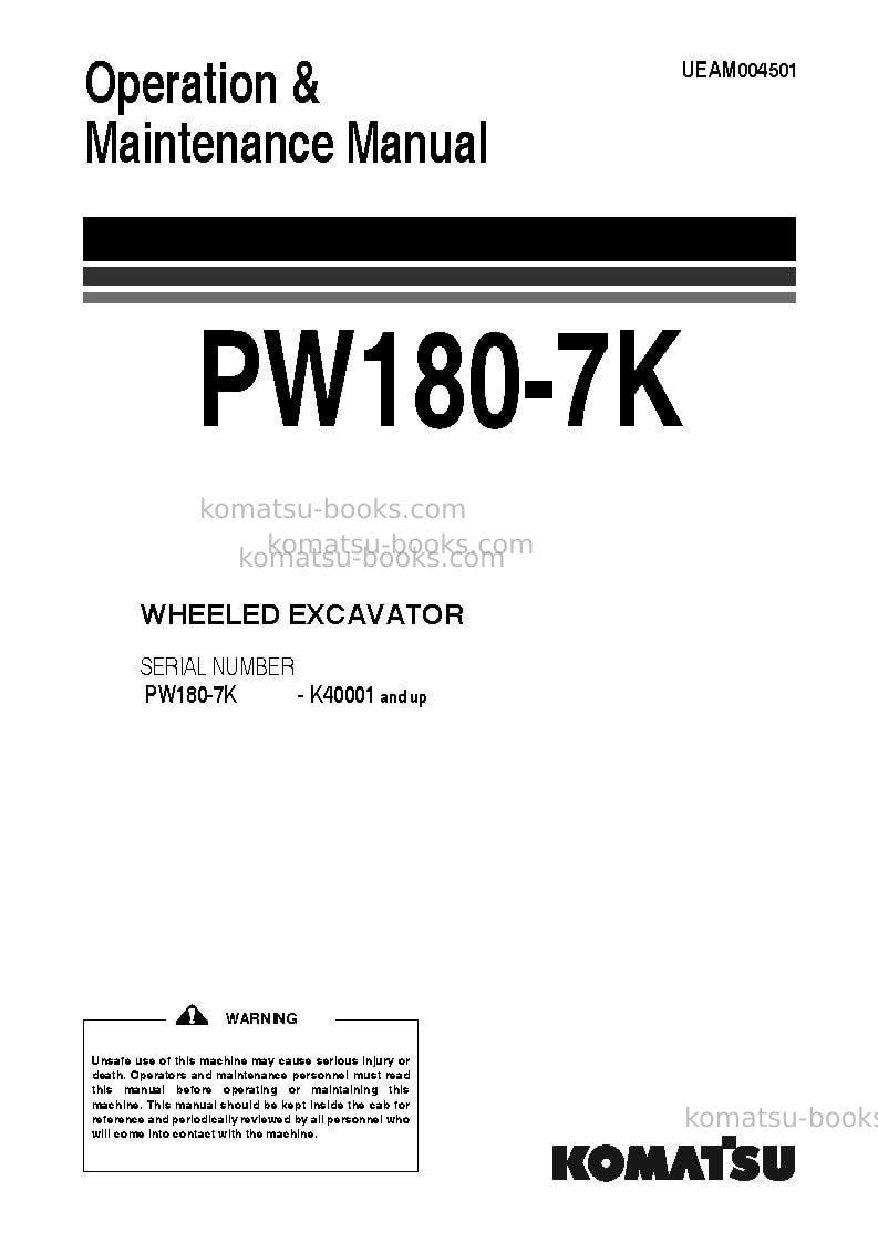 Komatsu pw180-7gbr-k Operation manual cover Komatsu pw180-7gbr-k Operation manual cover