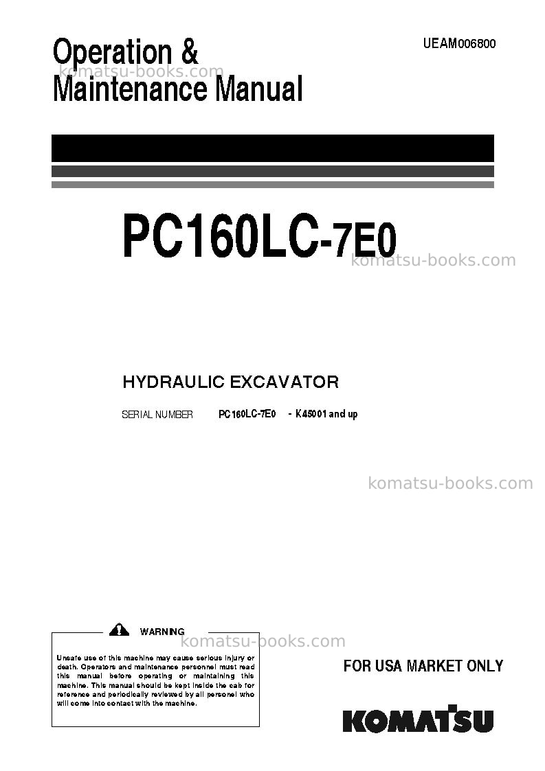 Komatsu pc160lc-7gbr-tier 3 Operation manual cover