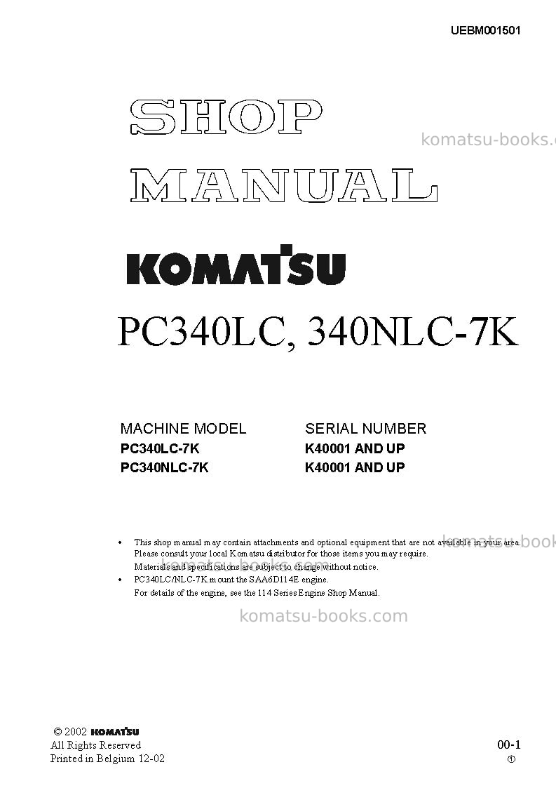 Komatsu pc340lc-7gbr-k Repair & maintenance cover