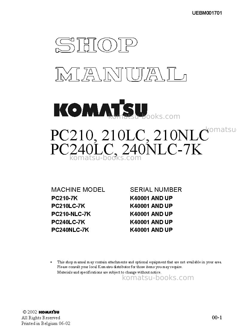 Komatsu pc210nlc-7gbr-k Repair & maintenance cover Komatsu pc210nlc-7gbr-k Repair & maintenance cover