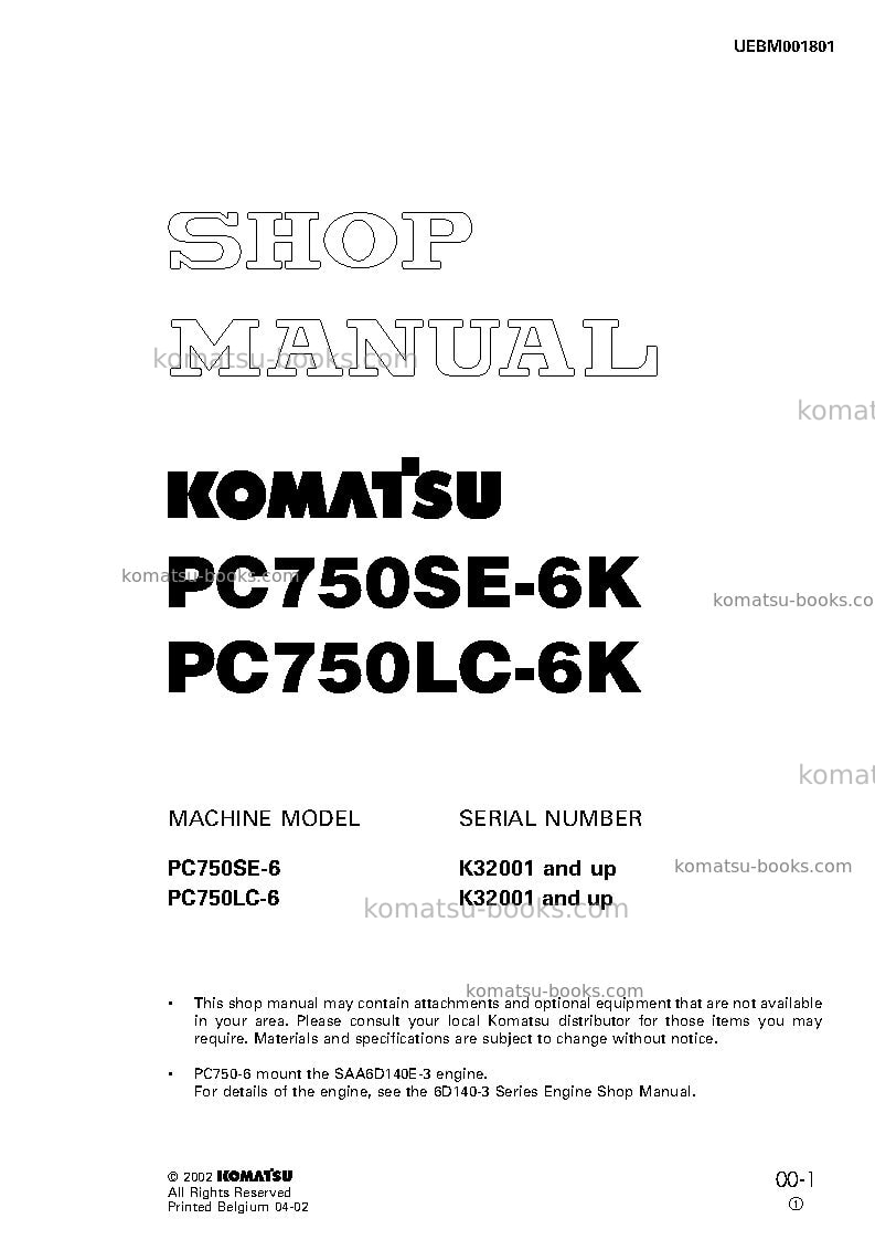 Komatsu pc750lc-6gbr-1 Repair & maintenance cover