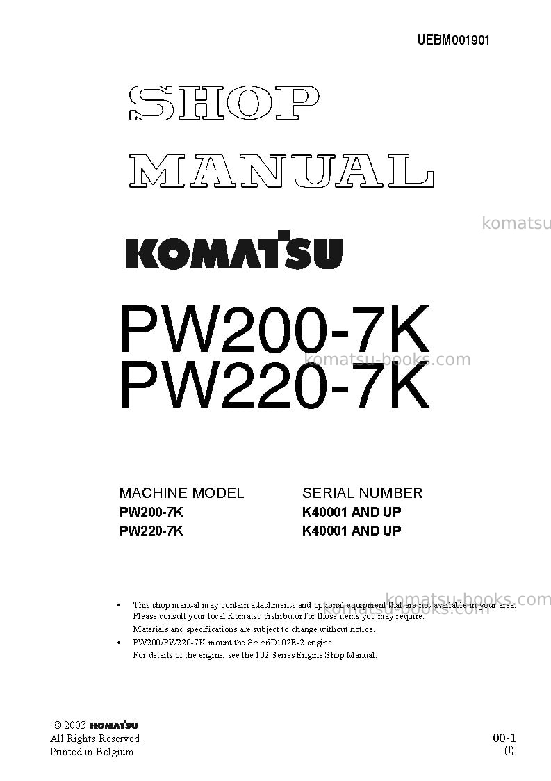 Komatsu pw220-7gbr-k Repair & maintenance cover