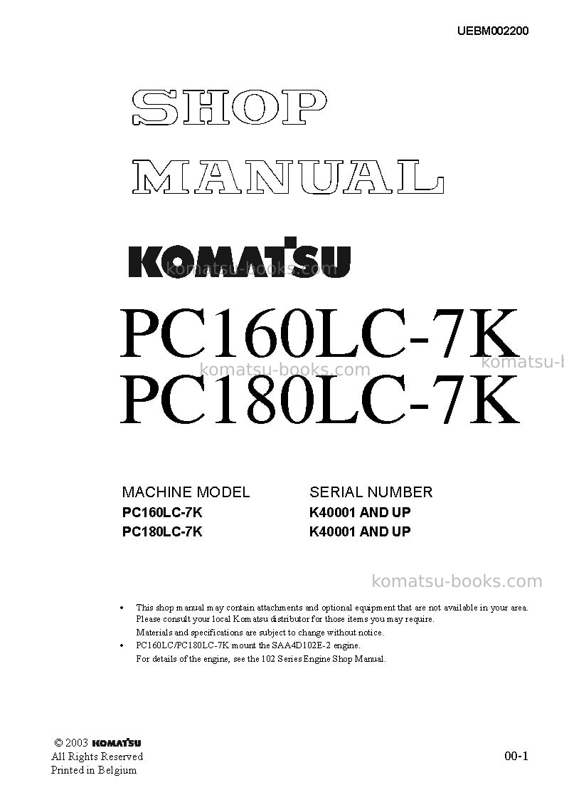 Komatsu pc180lc-7gbr-k Repair & maintenance cover Komatsu pc180lc-7gbr-k Repair & maintenance cover