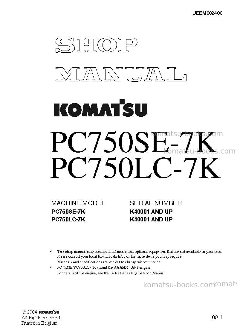 Komatsu pc750se-7gbr-k Repair & maintenance cover