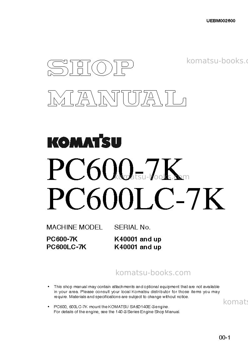 Komatsu pc600-7gbr-k Repair & maintenance cover Komatsu pc600-7gbr-k Repair & maintenance cover