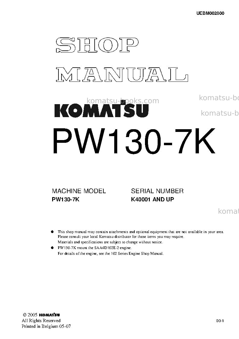 Komatsu pw130-7gbr-k Repair & maintenance cover