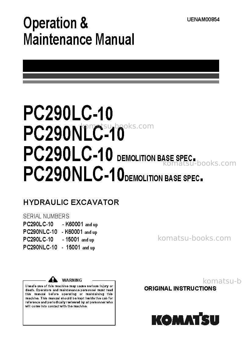Komatsu pc290nlc-10gbr Operation manual cover Komatsu pc290nlc-10gbr Operation manual cover