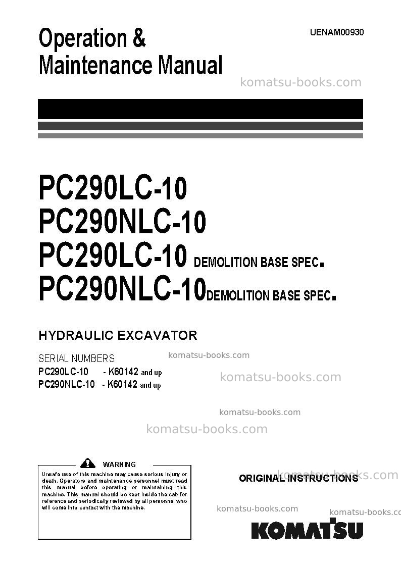 Komatsu pc290lc-10gbr Operation manual cover Komatsu pc290lc-10gbr Operation manual cover