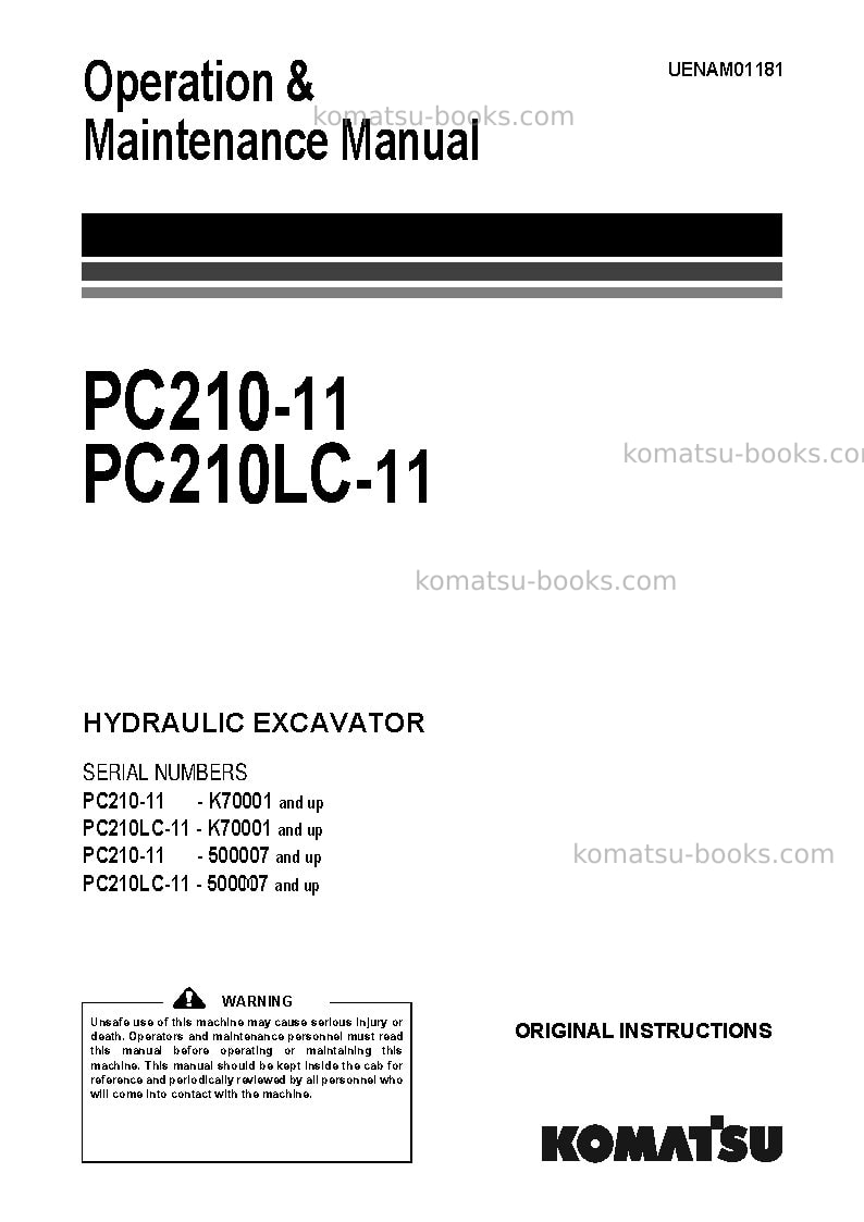 Komatsu pc210lc-11gbr Operation manual cover Komatsu pc210lc-11gbr Operation manual cover