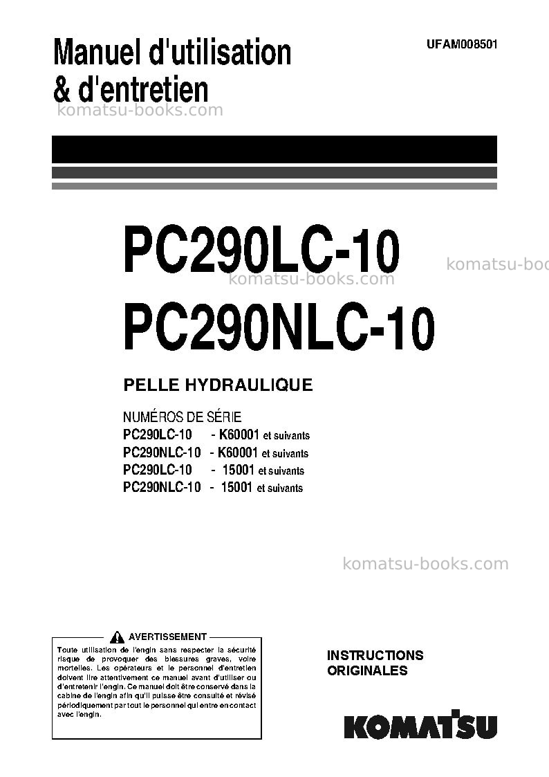Komatsu pc290nlc-10gbr Manuel d'utilisation couverture Komatsu pc290nlc-10gbr Manuel d'utilisation couverture